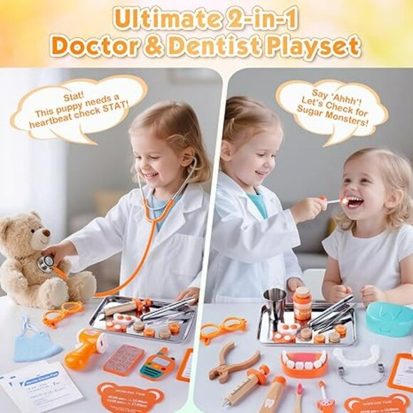 NEW33Pcs Wooden Dentist Play Set with Real Stethoscope, Dental Tool&Storage Bag - Picture 4 of 7